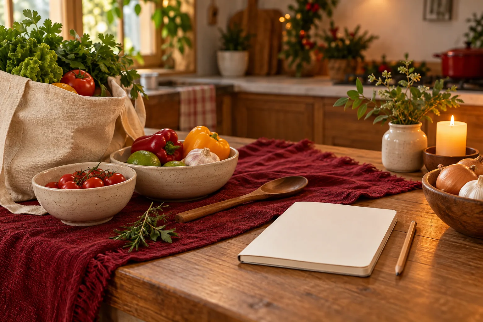 Cozinha doméstica organizada, com vegetais, caderno e sacola de compras