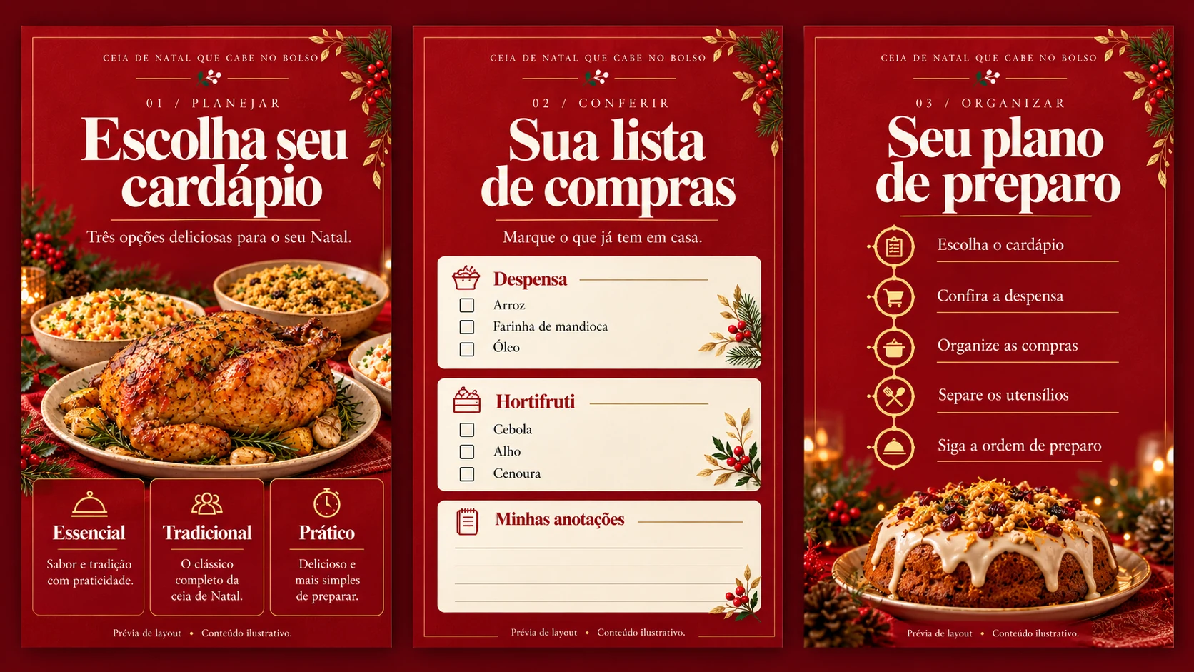 Prévia dos materiais em três painéis: escolha de cardápio, lista de compras e plano de preparo.